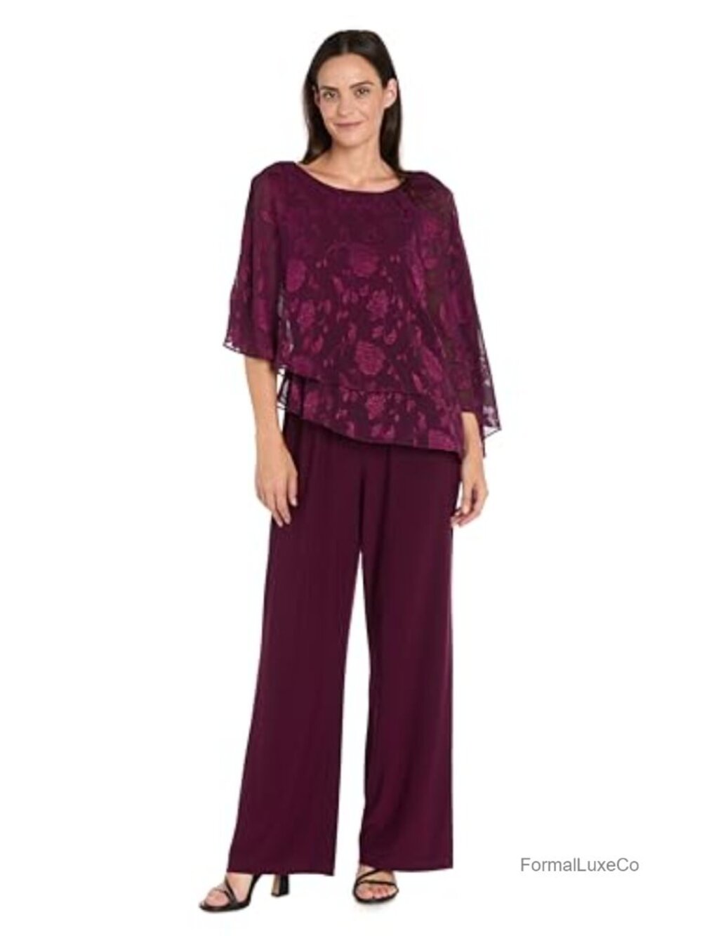 Women's Formal Faux Jumpsuit Poncho Set with Wide-Leg Trousers - Floral